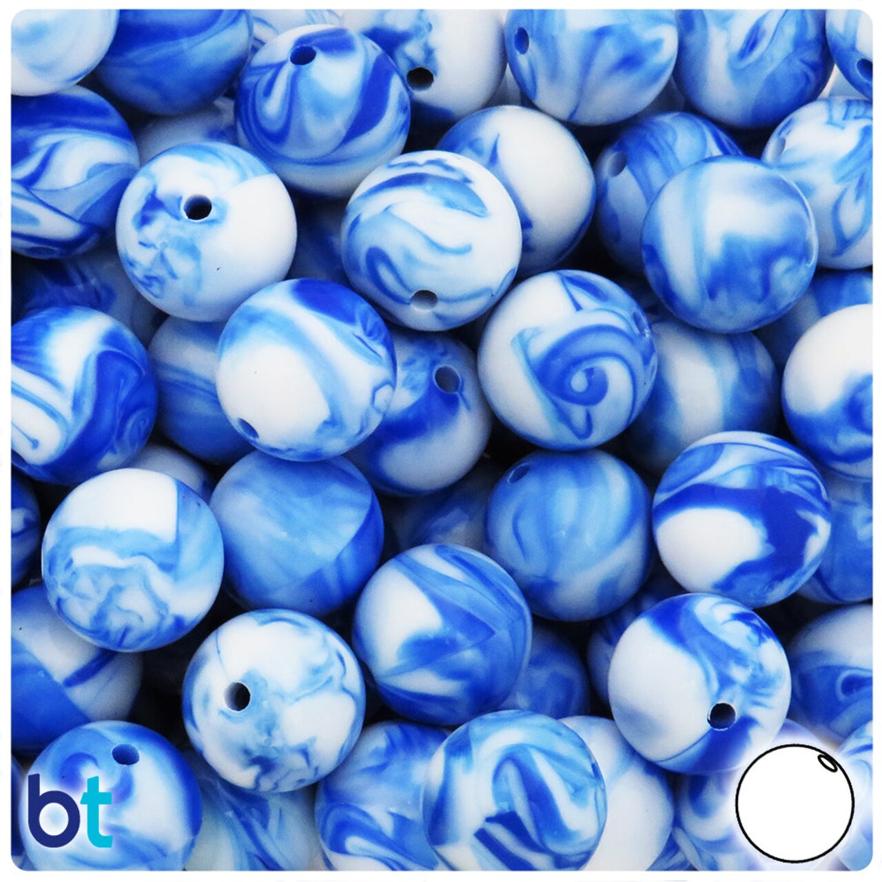 BeadTin Blue Marbled 16mm Round Plastic Craft Beads (25pcs)